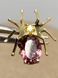*Серьга Пусета Паучок Розовый Турмалин Рубеллит цв Лимонное, арт. 512с-935 (вес 0,7 г) - фото 180380