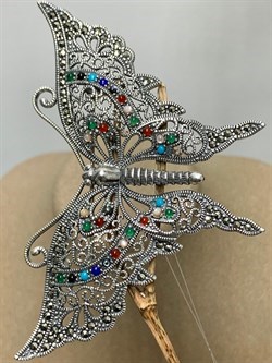 *Брошь-Кулон Бабочка Микс Марказит Бирюза Лазурит Оникс Перламутр Сердолик Зеленый Агат арт. HB0468-095 (вес 17,22 г) - фото 184378