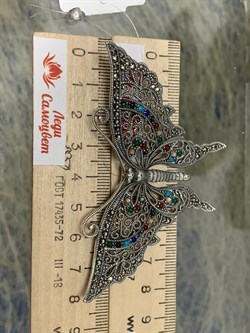 *Брошь-Кулон Бабочка Микс Марказит Бирюза Лазурит Оникс Перламутр Сердолик Зеленый Агат арт. HB0468-095 (вес 17,22 г) - фото 184380