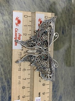 *Брошь-Кулон Бабочка Микс Марказит Бирюза Лазурит Оникс Перламутр Сердолик Зеленый Агат арт. HB0468-095 (вес 17,22 г) - фото 184381