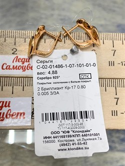 *Серьги арт. С-02-01486-1-07-101-01-09-047 Вес 4,88 г - фото 190197 *Серьги арт. С-02-01486-1-07-101-01-09-047 Вес 4,88 г - фото 190197
