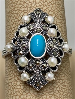 *Кольцо р.20 Микс Марказит Жемчуг Бирюза арт. HR1269-984 (вес 4,88 г) - фото 193888 *Кольцо р.20 Микс Марказит Жемчуг Бирюза арт. HR1269-984 (вес 4,88 г) - фото 193888