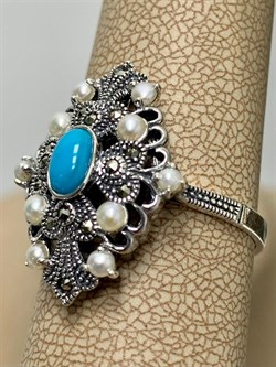 *Кольцо р.20 Микс Марказит Жемчуг Бирюза арт. HR1269-984 (вес 4,88 г) - фото 193889 *Кольцо р.20 Микс Марказит Жемчуг Бирюза арт. HR1269-984 (вес 4,88 г) - фото 193889