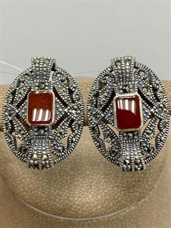 *Серьги Марказит Сердолик арт. HE139-256 (вес 12,66 г) - фото 194470