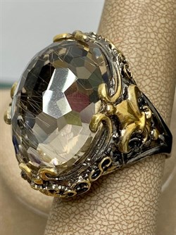 *Кольцо р.19 Кварц Волосатик Бразилия Черный Родий Лимонная Позолота АРТ 42740, (ВЕС 21,38 Г) - фото 198564