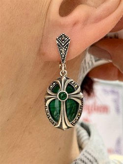 *Серьги Микс Марказит Малахит арт. С 886-769 вес 11,19 г - фото 231952