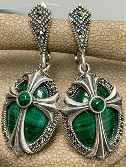 *Серьги Микс Марказит Малахит арт. С 886-769 вес 11,19 г - фото 231958