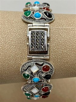 *Браслет р.19 Микс Марказит Оникс Сердолик  Бирюза Перламутр Зеленый Агат арт. BR153-026 вес 36,46 г - фото 235246