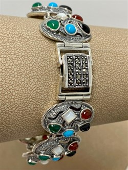 *Браслет р.19 Микс Марказит Оникс Сердолик  Бирюза Перламутр Зеленый Агат арт. BR153-026 вес 36,46 г - фото 235250