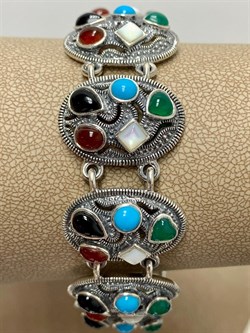 *Браслет р.19 Микс Марказит Оникс Сердолик  Бирюза Перламутр Зеленый Агат арт. BR153-026 вес 36,46 г - фото 235251