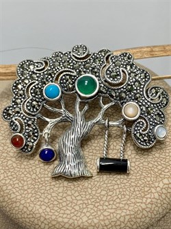 *Брошь-Кулон Дерево Жизни Марказит Бирюза Лазурит Оникс Перламутр Сердолик Зеленый Агат арт. HB622-040 (вес 8,99 г) - фото 235924