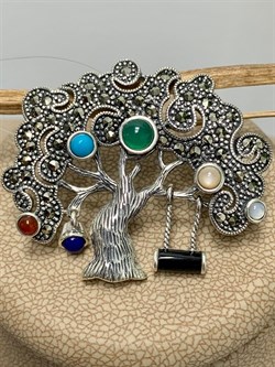 *Брошь-Кулон Дерево Жизни Марказит Бирюза Лазурит Оникс Перламутр Сердолик Зеленый Агат арт. HB622-040 (вес 8,99 г) - фото 235925