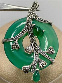 *Кулон Сакура Микс Марказит Зеленый Агат Халцедон тон Оникс арт. П 884-604 вес 6,25 г - фото 236896