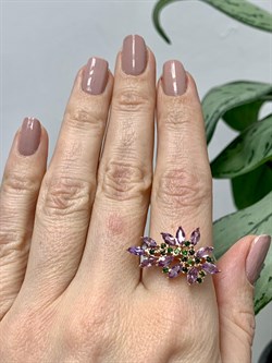 *Кольцо р.19 Орхидея Микс Турмалин Аметист арт. К1721Ю/Ag-607/4/14ПОЗ-668 вес 3,87 г - фото 239354