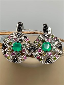 *Серьги Орхидея Микс Зеленый Агат Турмалин Урал арт. С1531Ю/Ag-617/6/10-883 вес 4,79 г - фото 239557