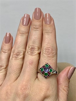 *Кольцо р.19,5 Орхидея Микс Зеленый Агат Иолит Родолит Турмалин арт. К1325Ю/Ag-607/37-680 вес 3,12 г - фото 240123