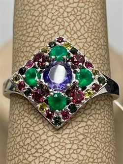 *Кольцо р.19,5 Орхидея Микс Зеленый Агат Иолит Родолит Турмалин арт. К1325Ю/Ag-607/37-680 вес 3,12 г - фото 240132