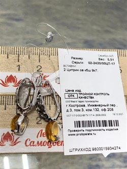 *Серьги Цитрин арт. 02-2420/00ЦТ-17-274 вес 5,51 г - фото 273143 *Серьги Цитрин арт. 02-2420/00ЦТ-17-274 вес 5,51 г - фото 273143