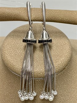 *Серьги Цепочки Черный Фианит Белый Жемчуг арт. 02-2308/00ЖБ-00-136 вес 7,6 г - фото 273169 *Серьги Цепочки Черный Фианит Белый Жемчуг арт. 02-2308/00ЖБ-00-136 вес 7,6 г - фото 273169