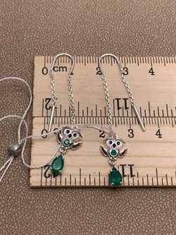 *Серьги Продевки Совы Зеленый Агат Халцедон арт. 02-4645-00-274-0200-68-627 вес 2,48 г - фото 284841