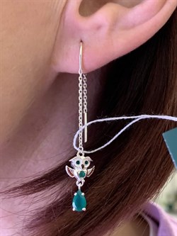 *Серьги Продевки Совы Зеленый Агат Халцедон арт. 02-4645-00-274-0200-68-627 вес 2,48 г - фото 284843