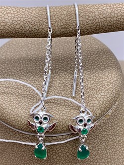 *Серьги Продевки Совы Зеленый Агат Халцедон арт. 02-4645-00-274-0200-68-627 вес 2,48 г - фото 284844