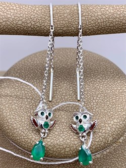 *Серьги Продевки Совы Зеленый Агат Халцедон арт. 02-4645-00-274-0200-68-627 вес 2,48 г - фото 284845