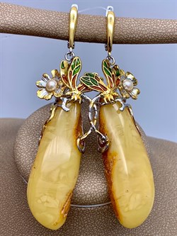 *Серьги Королевский Янтарь Жемчуг Эмаль Эксклюзив арт. 721104п-053 Вес 18,73 г - фото 306624 *Серьги Королевский Янтарь Жемчуг Эмаль Эксклюзив арт. 721104п-053 Вес 18,73 г - фото 306624