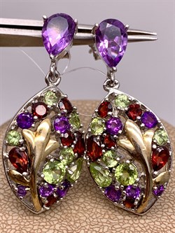 *Серьги Пусеты Микс Аметист Гранат Хризолит арт. E00167-451 Вес 9,64 г - фото 308366