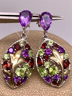 *Серьги Пусеты Микс Аметист Гранат Хризолит арт. E00167-451 Вес 9,64 г - фото 308367
