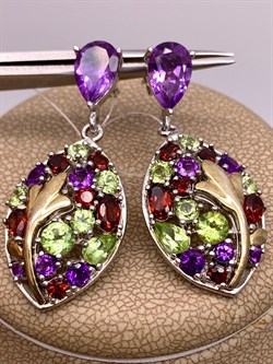 *Серьги Пусеты Микс Аметист Гранат Хризолит арт. E00167-451 Вес 9,64 г - фото 308368