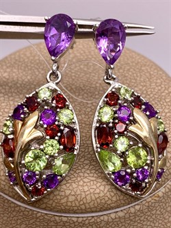 *Серьги Пусеты Микс Аметист Гранат Хризолит арт. E00167-451 Вес 9,64 г - фото 308370