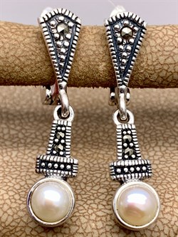 *Серьги Микс Марказит Жемчуг арт. HE1514-185 вес 5,89 г - фото 331517